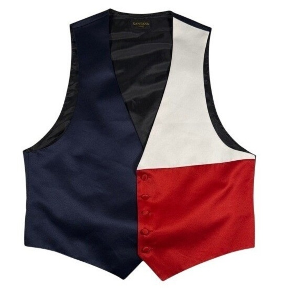 Santana Men Colorblock Formal Vest Navy White Red Satin V-Neck Large Made in USA
